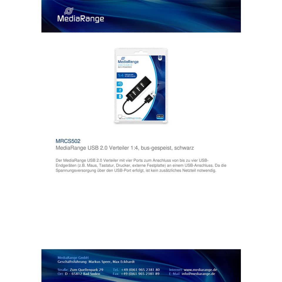 Hub Media Range USB 2.0 con quattro porte alimentato tramite porta USB MRCS502