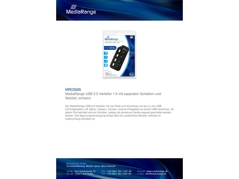 Hub Media Range USB 3.0 con quattro porte con interruttori separati e alimentatore - MRCS505