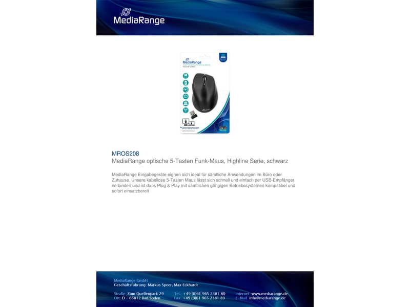Mouse ottico Media Range 5 pulsanti, serie highline, wireless 1600 dpi nero MROS208