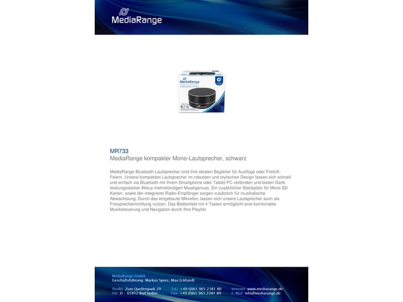 Altoparlante stereo Bluetooth Media Range nero mini 3W MR733