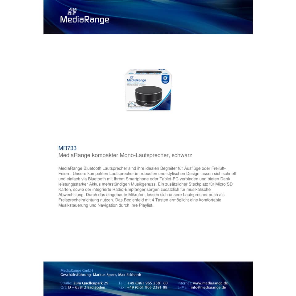 Altoparlante stereo Bluetooth Media Range nero mini 3W MR733