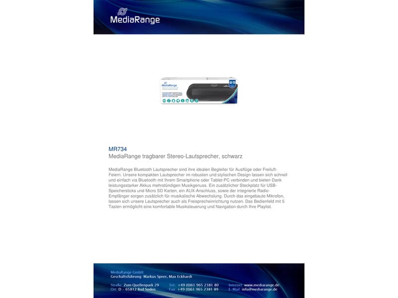 Altoparlante stereo Bluetooth Media Range nero 2x3W MR734