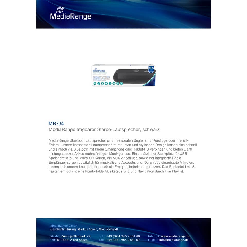 Altoparlante stereo Bluetooth Media Range nero 2x3W MR734