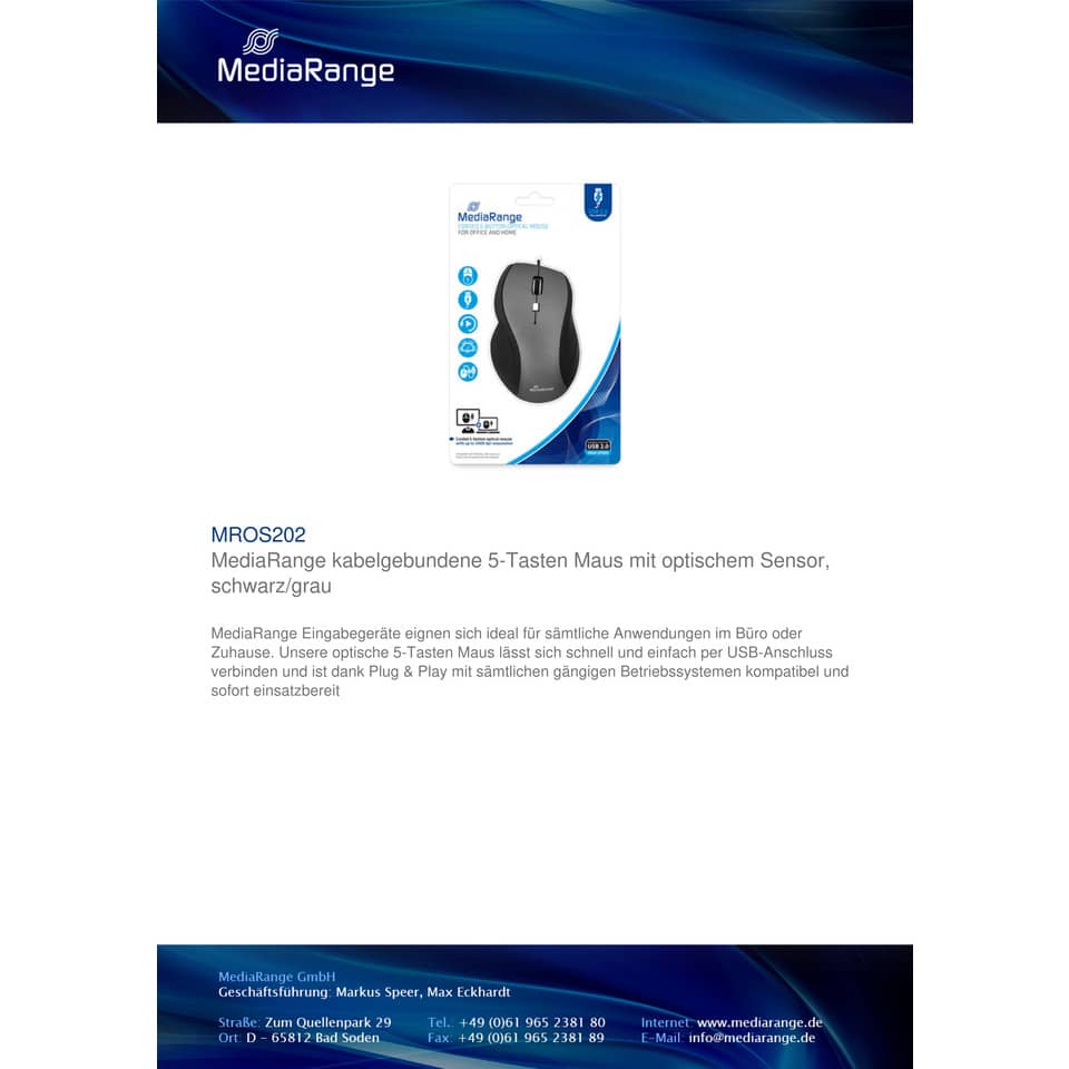 Mouse ottico Media Range 5 pulsanti con cavo 2400 dpi nero/grigio USB 2.0 MROS202