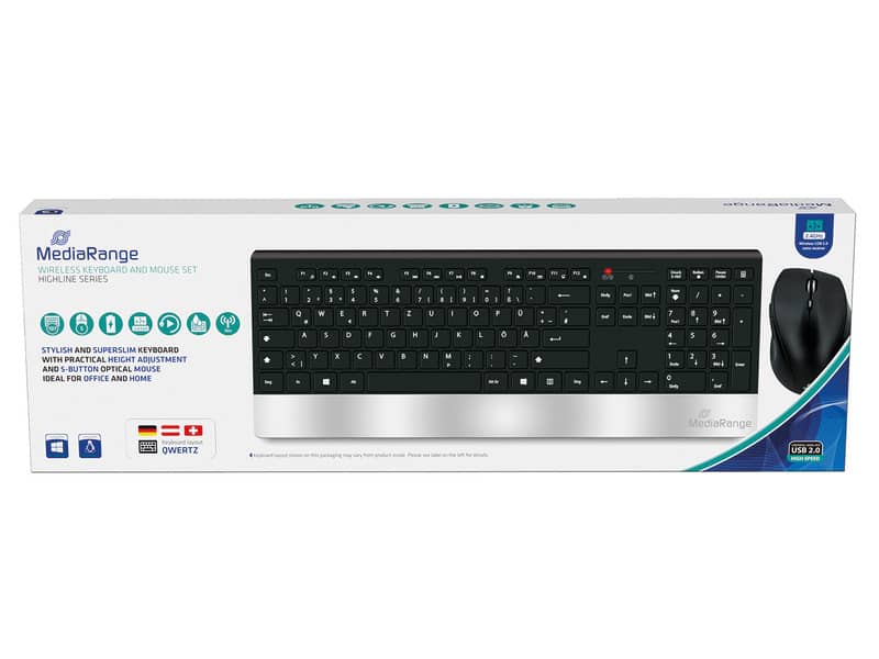 Set tastiera e mouse wireless Media Range serie highline QWERTZ, nero/argento - MROS105