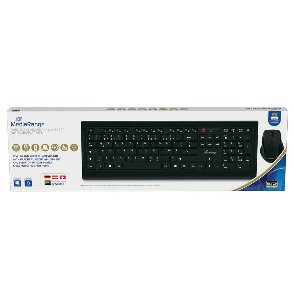 Set tastiera e mouse wireless Media Range con tasti ultraflat QWERTZ, nero MROS104