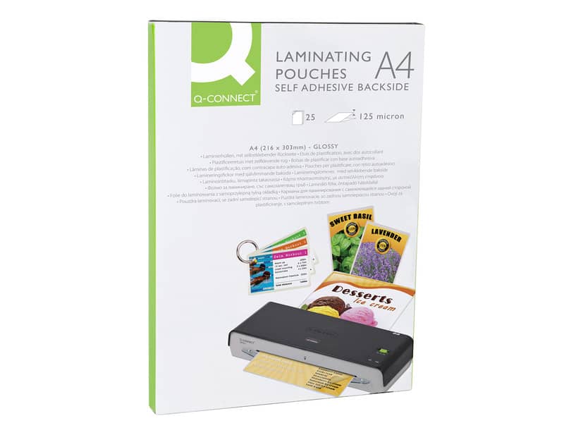 Pouches autoadesive per plastificatrici Q-Connect 2x125 µm finitura lucida A4 Conf. 25 pezzi - KF24056