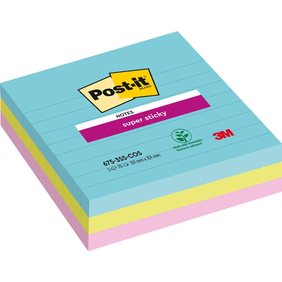 Foglietti riposizionabili Post-it® Super Sticky Miami a righe assortiti conf. 3 blocchetti da 70 ff - 675-3SSMIA