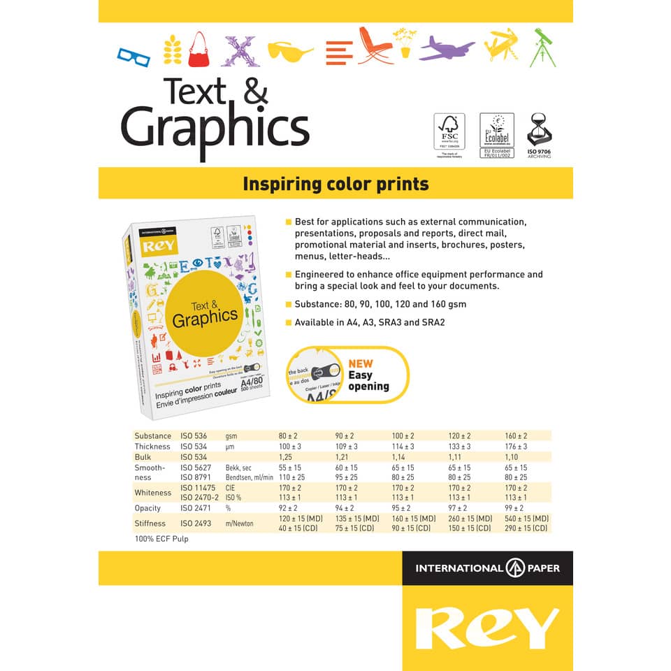 Carta per fotocopie A4 International Paper Rey Text & Graphics 170 CIE 90 g/m²  Risma 500 fogli - RYTEG090X430